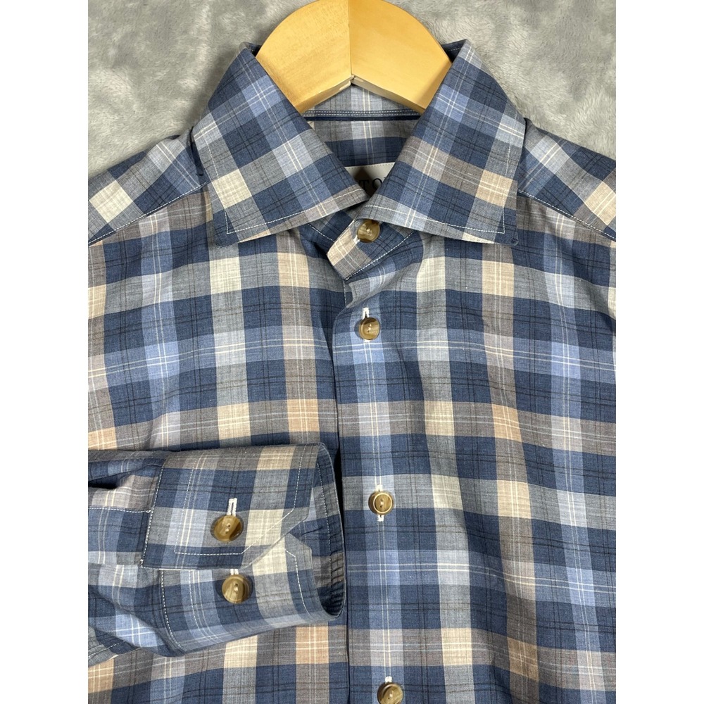 Eton Mens Slim Fit Plaid Button Up Shirt Blue Tan 14.5 37 Cotton Long Sleeve